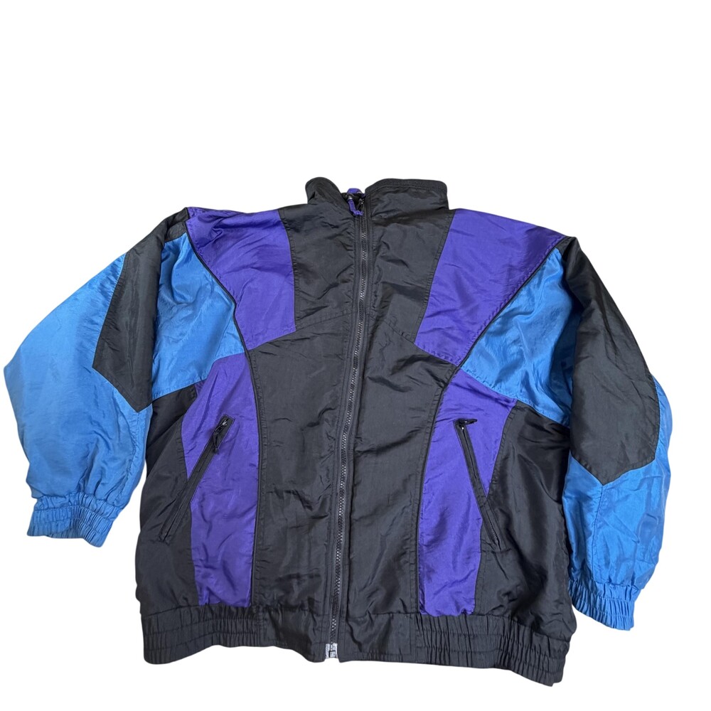 Vintage Blazer Jacket Mens Large Black Blue Purple Fleece Lined Windbreaker 90s